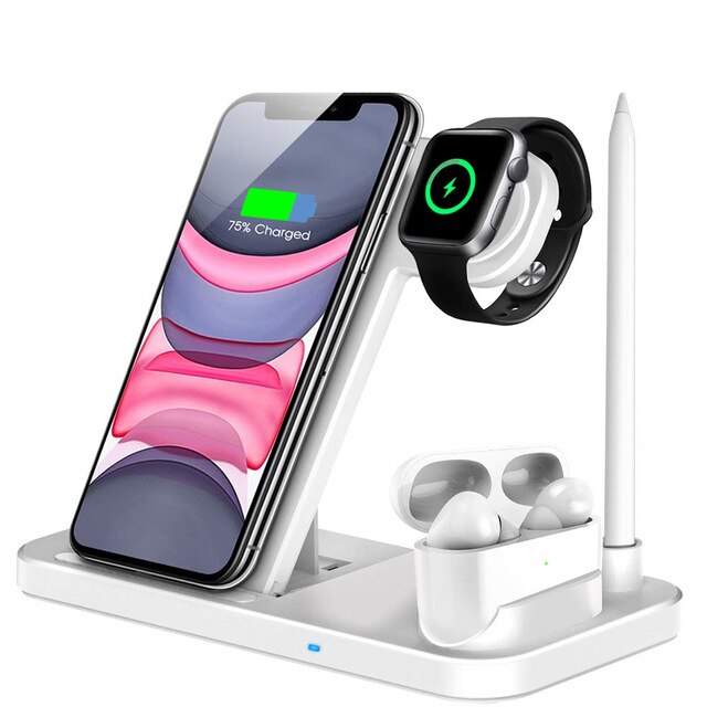 FDGAO 4 en 1 Qi chargeur sans fil 10W Station de chargement rapide pour iPhone 11 Pro XS XR X 8 Plus Apple Watch 5 4 3 2 AirPods Pro: WHITE