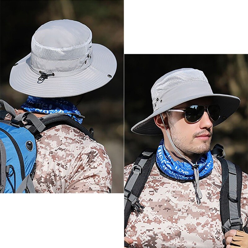 Balde chapéu de secagem rápida leve dobrável sombrinha ao ar livre pescador boné com queixo corda caqui