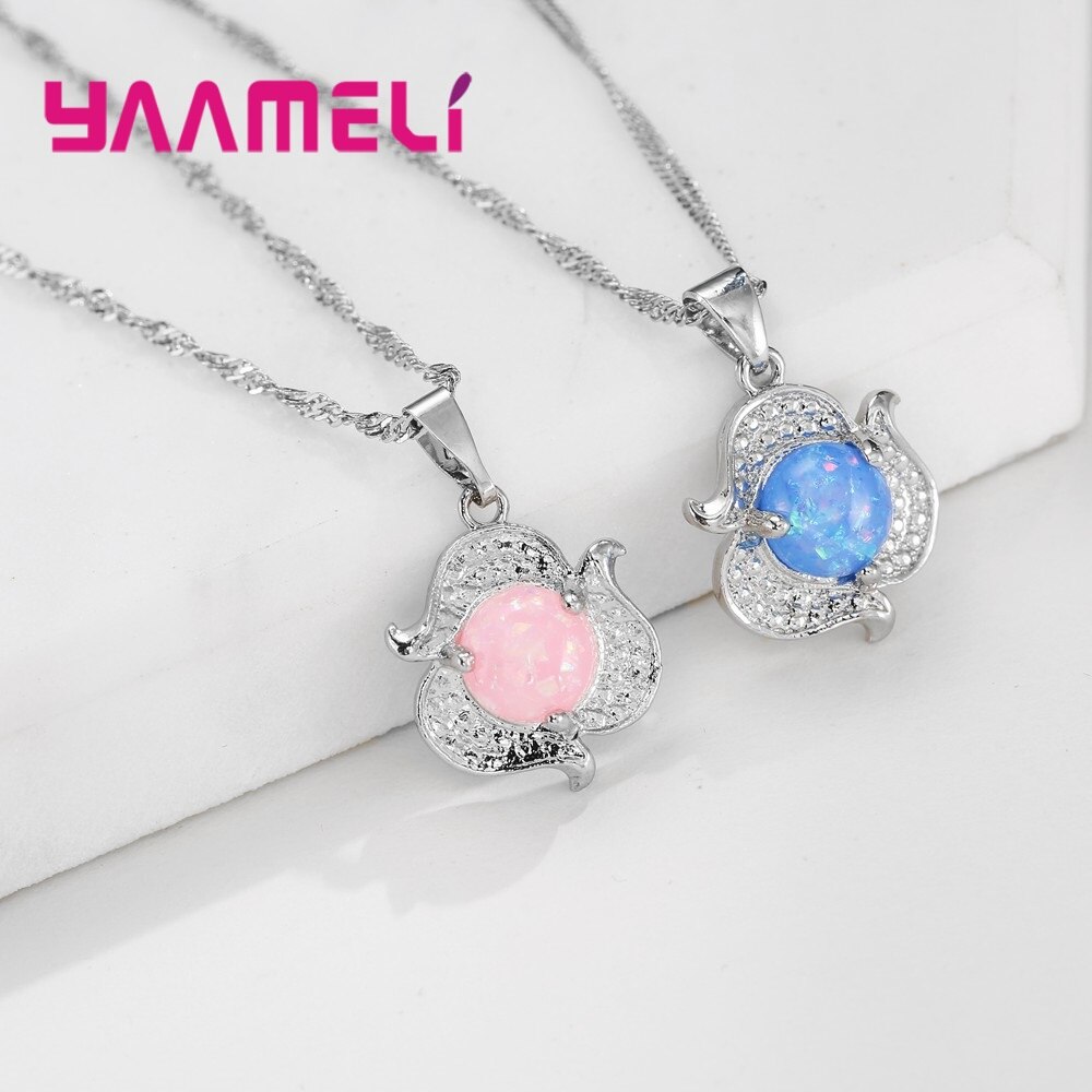 925 Sterling Silver Two Colors Opal Stone Pendant Necklace Earrings Jewelry Sets For Women Ladies Clear Cubic Zirconia