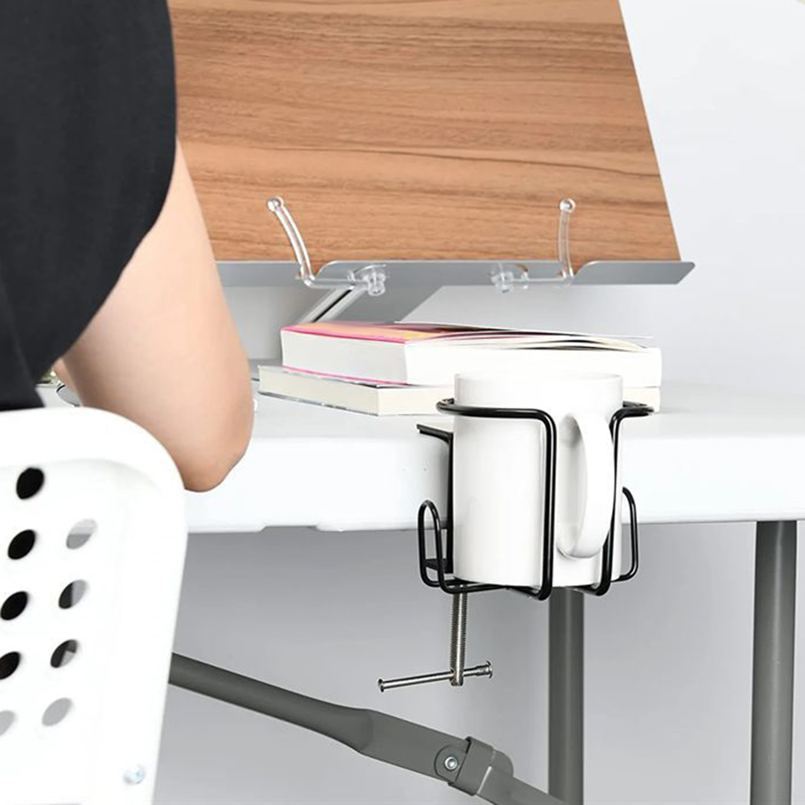 2 in 1 Desk Cup Holder Water Bottle Holder Metal Clip on Desk Cup Holder Mount for Office Desktop Gaming Table Living Room