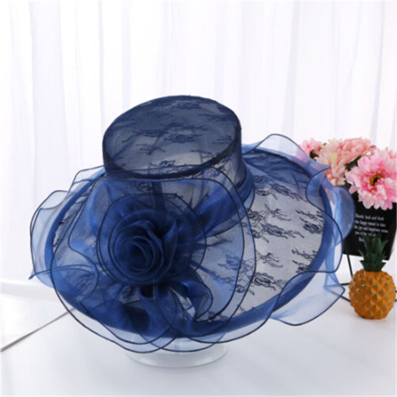 verano elegantes sombreros de playa para mujeres de ala ancha de encaje Floppy sombrero señora té gorras mujer playa UV sol gorros señora sombrero al aire libre: Dark Blue
