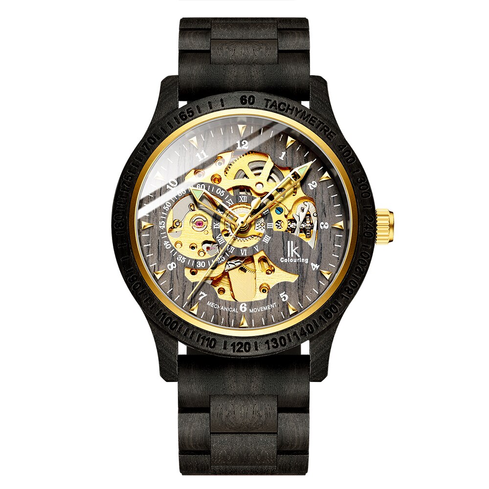 Mænd træ ure guld skelet ure mænd træ rem automatiske mekaniske armbåndsure ik farve relogio masculino