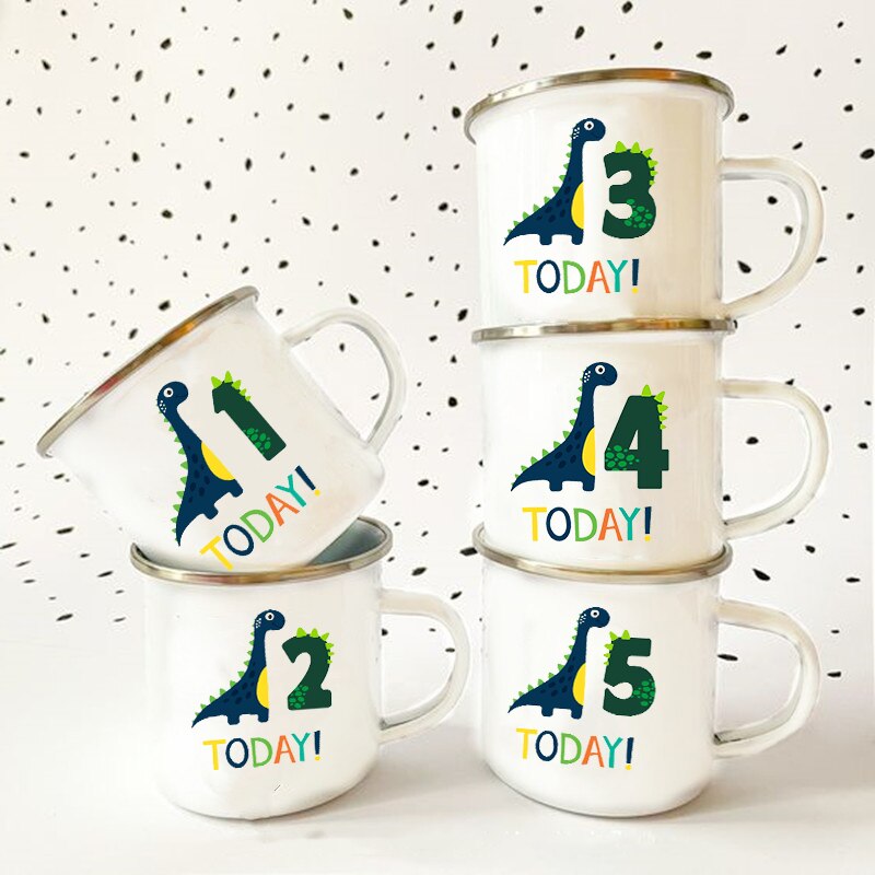 Dinosaurier Geburtstag Anzahl Drucken Becher Kreative Wasser Saft Tasse Trinken Nachtisch Milch Emaille Becher Griff Getränk freundlicher Geburtstag