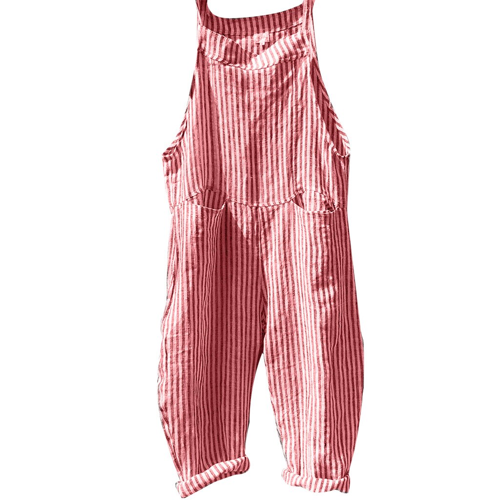 Novo design de moda solto linho macacões moda feminina bolso bandagem sem mangas macacão listra bodysuit playsuit macacão: Vermelho / XL