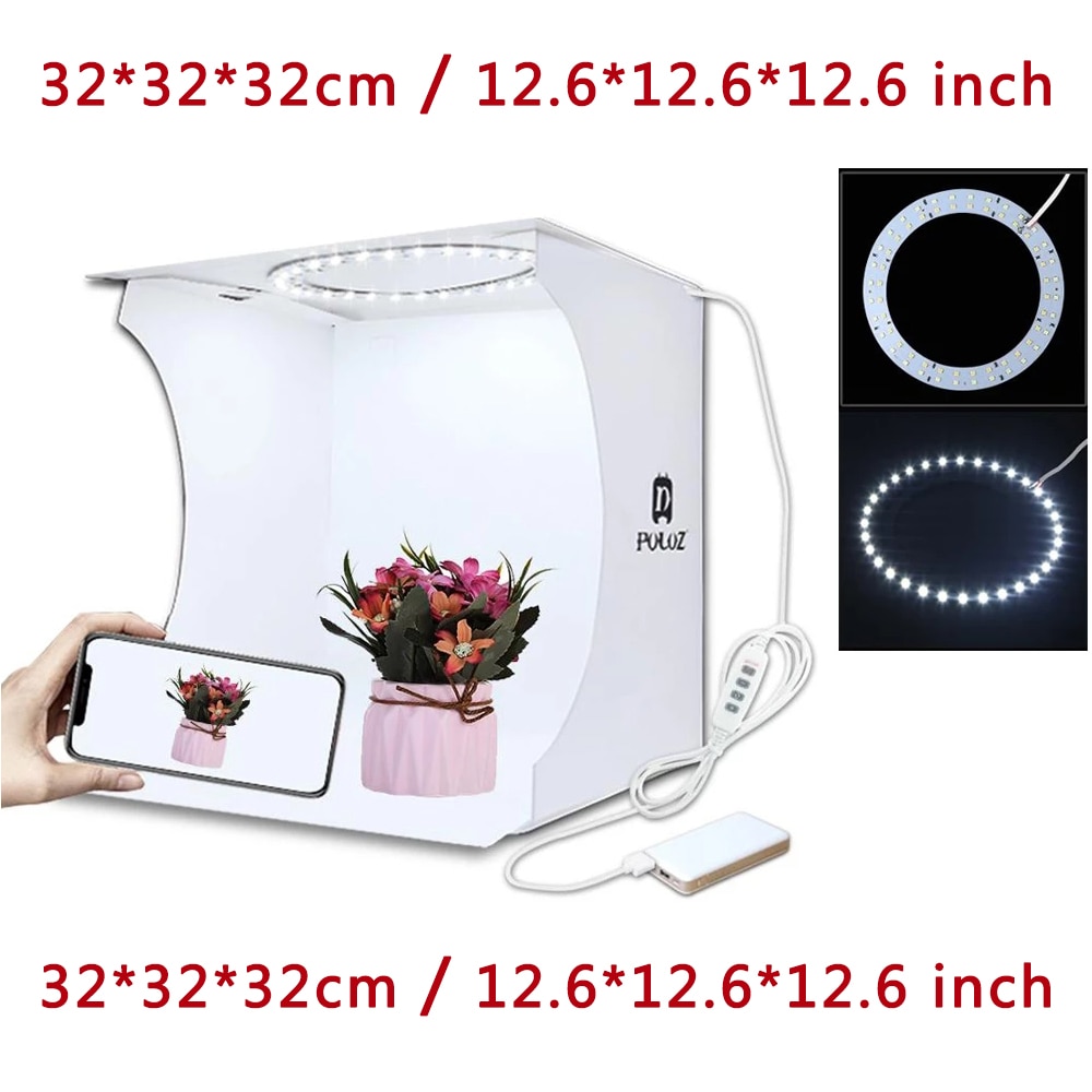 PULUZ Folding Photo Studio Box Portable Lightbox Photography Tabletop Shooting Softbox Studio Shooting Tent Box Kit Light Box: 32x32 Ring LightBox