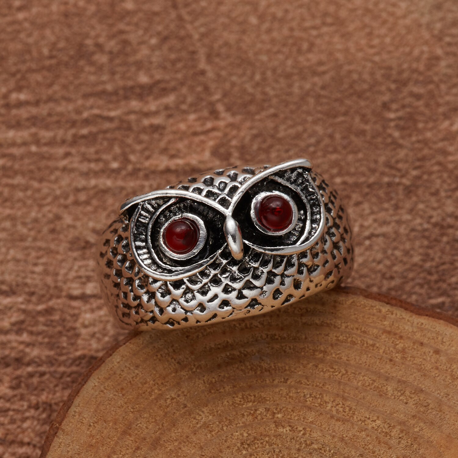 Anillos Retro Punk con forma de búho para hombre y mujer, joyería ajustable con personalidad, Ojos de cristal azul y rojo, Color plateado antiguo, anillo abierto: Color 1