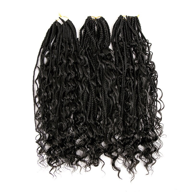 24Inch Box Braids Hair Boho Braids Ombre Synthetic Curly Crochet Braiding Hair Extension Messy Goddess Black Brown: 1B