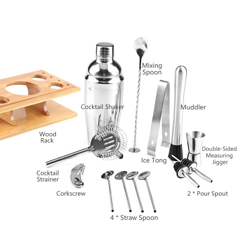 14pcs Cocktail Shaker Set with Wood Rack Stand 750ml Stainless Steel Cocktail Mixology Kit Making Wine Bars Set Drinks Tool