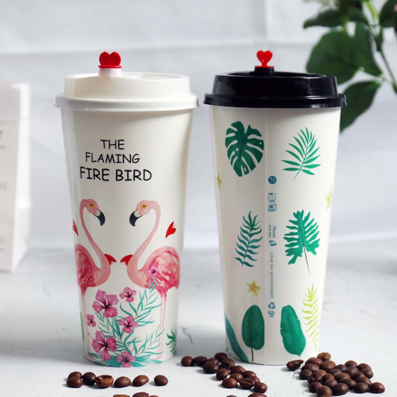 50pcs flamingo disposable coffee cup 500ml 700ml net red milk tea paper cups cold drink glass with covers