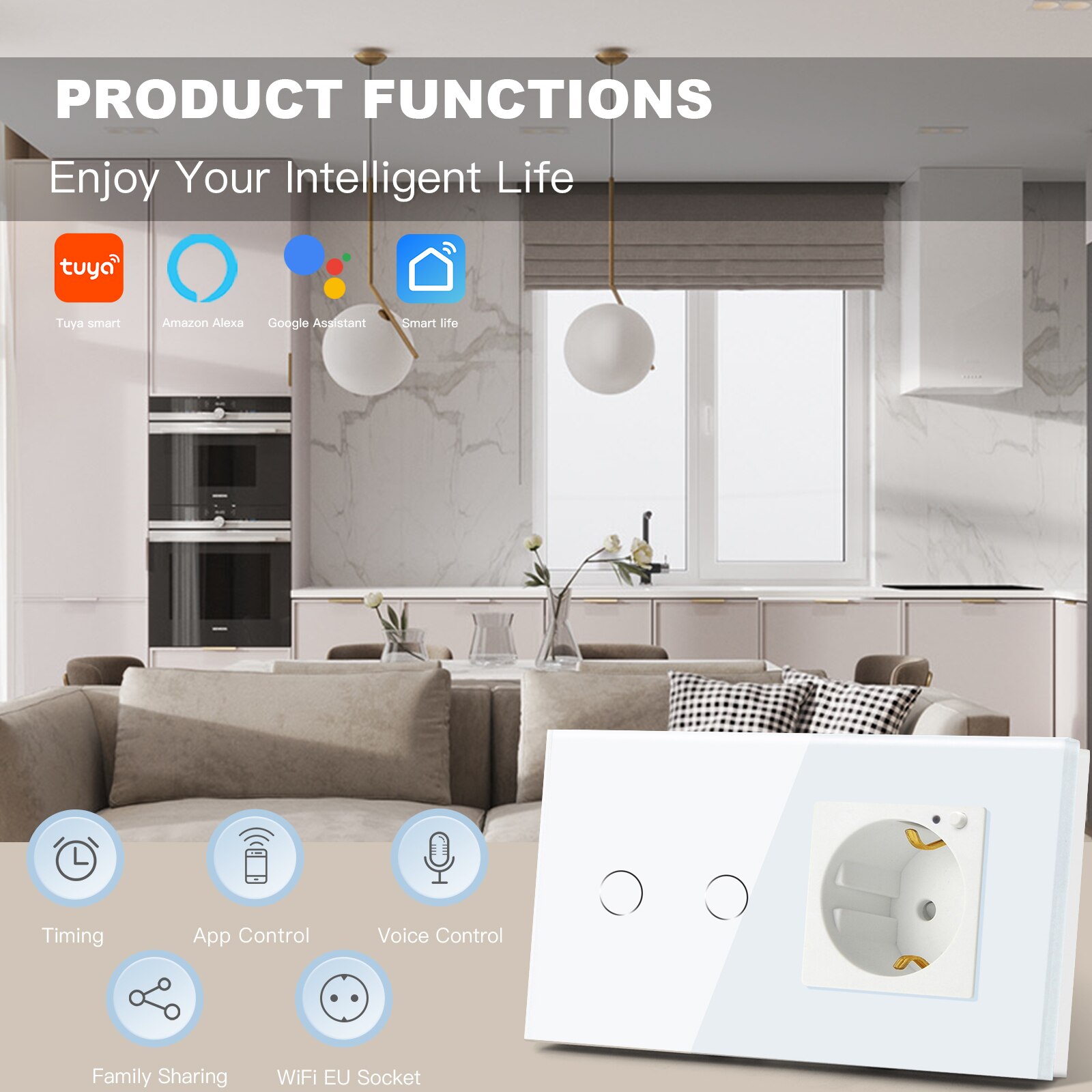 BSEED EU Standard Smart Socket Wifi Touch Switches Crystal Glass Panel Tuya Smart Switch 1/2/3Gang 1/2/3Way Alexa APP Control
