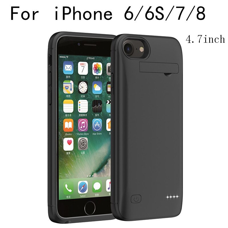 Batterij Case Voor iphone XR X XS Max Slanke Power Bank Charing Case Voor iphone 6 6S 7 8 Plus Batterij charger Case Stand Back cover: 4.7 inch-Black