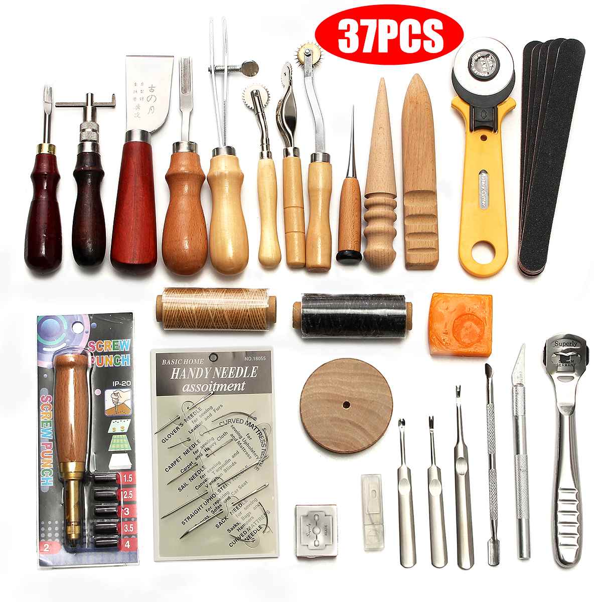 37pcs KiWarm Leather Craft Tools Kit Hand Sewing Stitching Punch Carving Work Saddle Leathercraft Accessories DIY