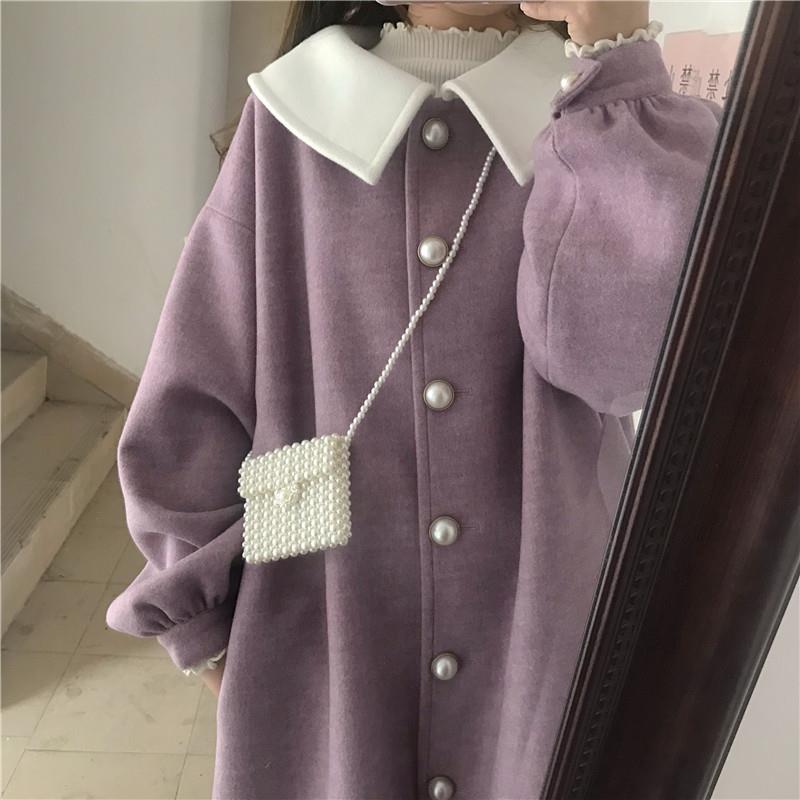 Wolle Frauen Lila Winter Lange Mantel Kawaii Japanischen Stil Schüler Geraffte Laterne Hülse Süße Harajuku Allgleiches Streetwear Mädchen