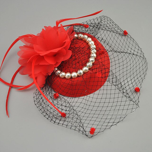 E JUE SHUNG Vintage Birdcage Net Bridal Hats With Feather Pearl Women Fascinator Face Veils Wedding Hats Wedding Accessories: Red