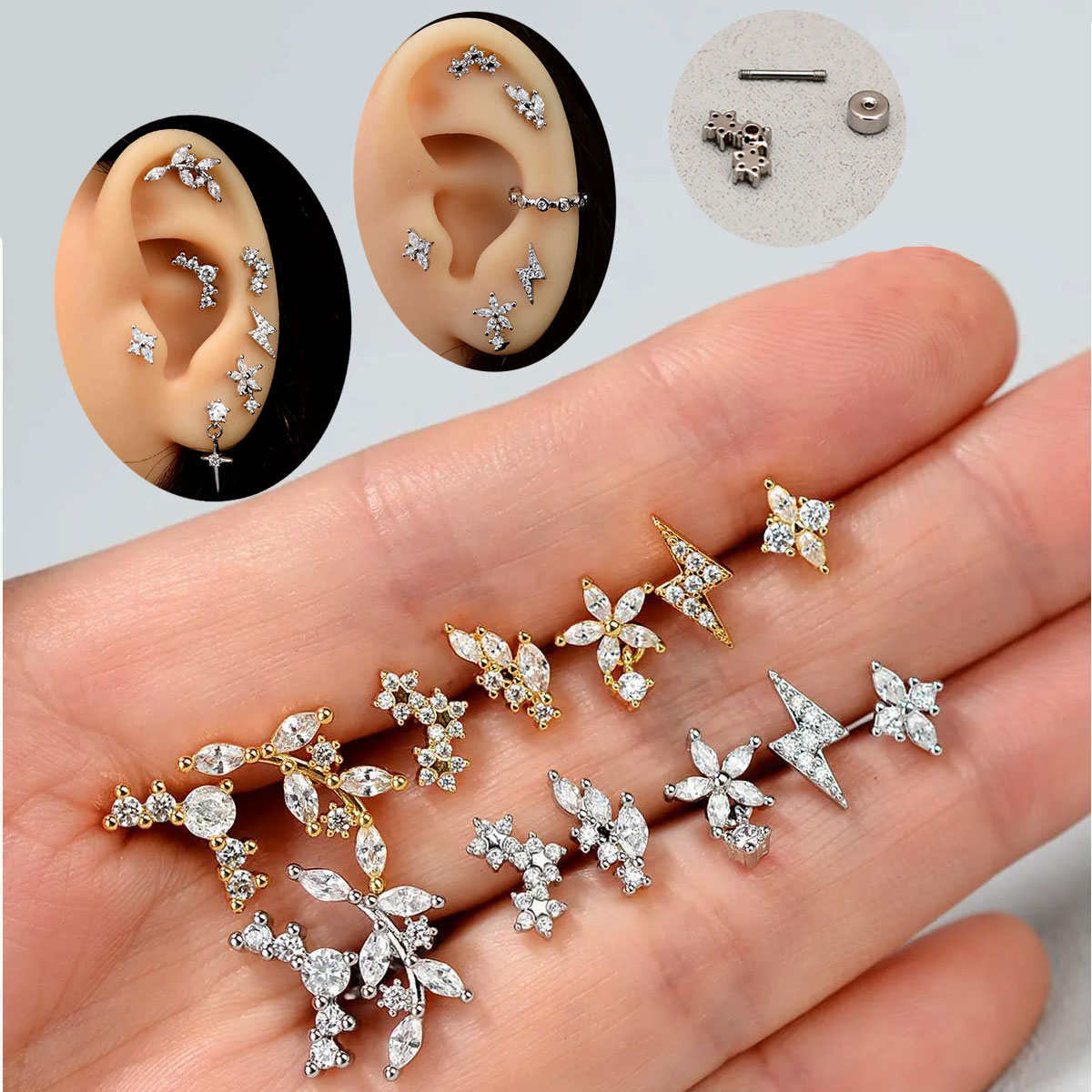 12 Paia Orecchini Piercing Flat Back Acciaio Chirurgico - Forme Varie Helix - 2