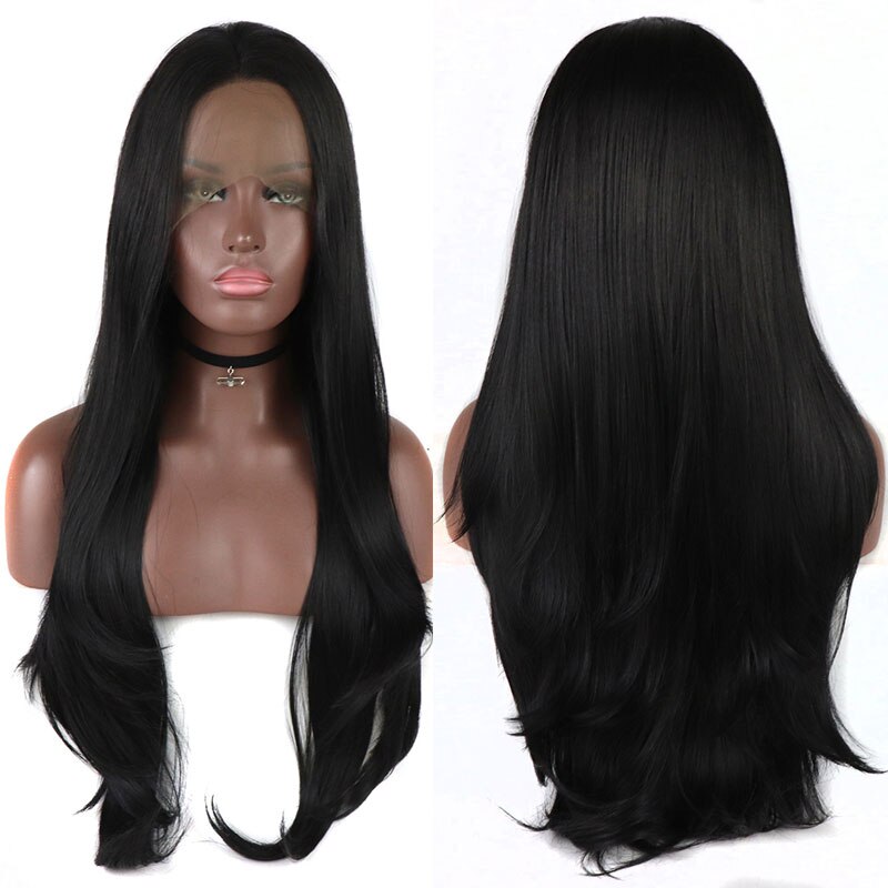 Bombshell preto natural cabelo reto peruca dianteira do laço sintético glueless resistente ao calor fibra cabelo médio de separação para perucas femininas