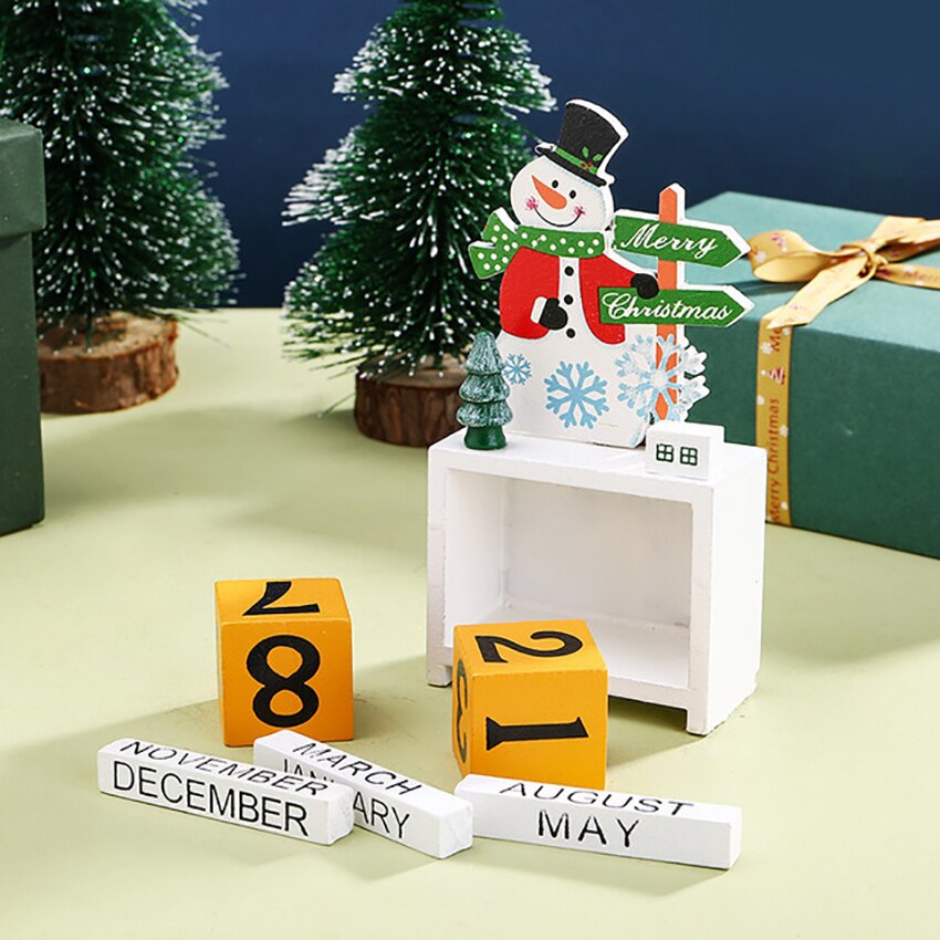 Christmas Countdown Calendar Wooden Blocks Desk Advent Calendar Elk Snowman Santa Retro Christmas Handmade for Home Office