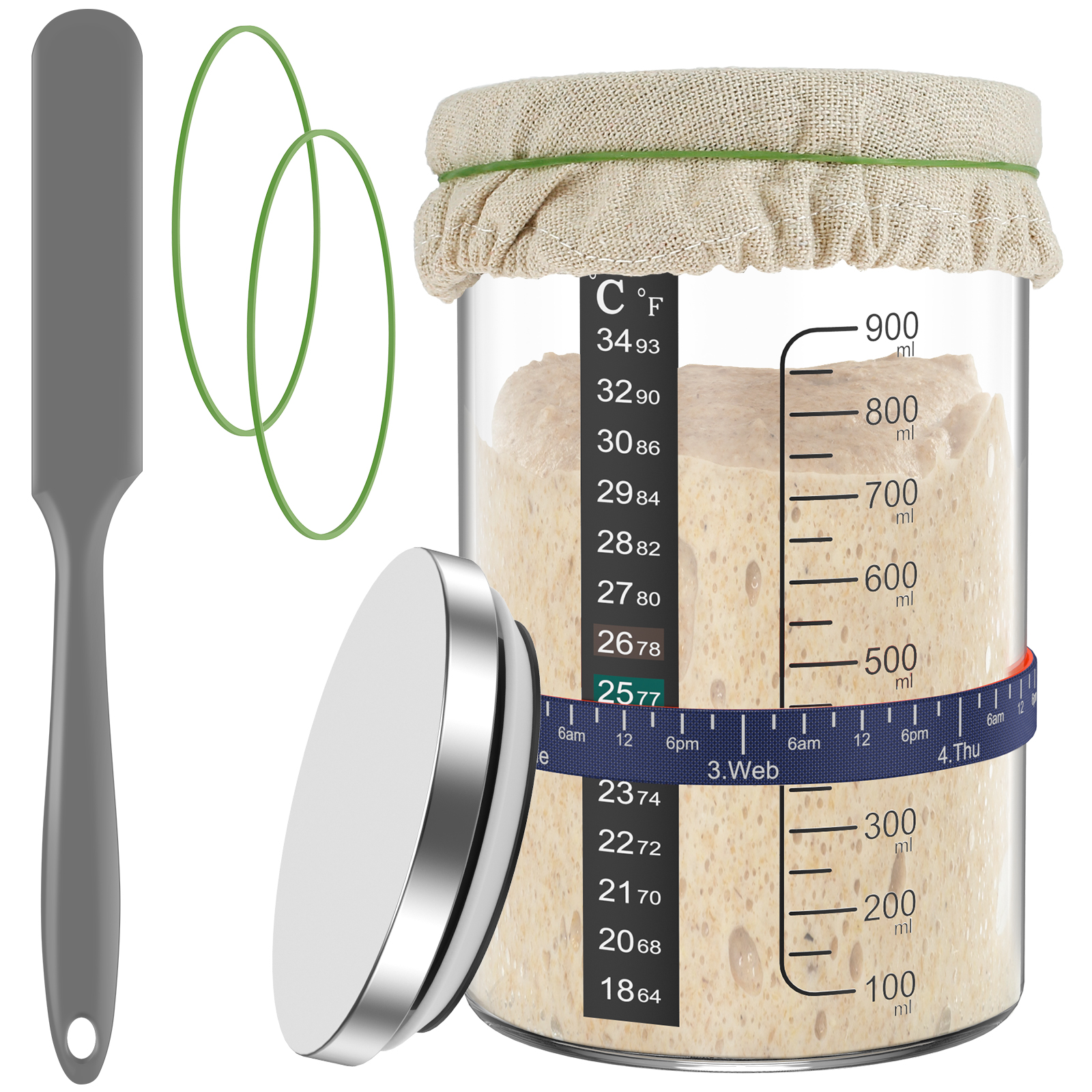 Jarra de vidro transparente para partida de massa fermentada, 900ml, kit de boca larga com tampa, jarra de fermentação para cozimento, armazenamento de alimentos