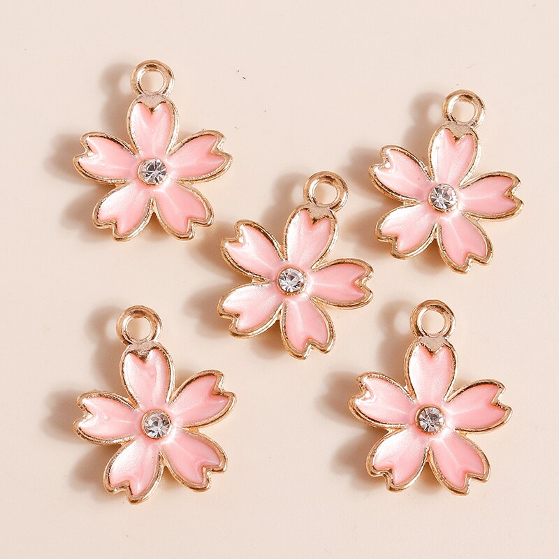 Dijes de flores de cristal rosa para fabricación de joyas, abalorios de plantas de aleación esmaltada para collar y pendientes, 10 piezas, 14x17mm: Marrón