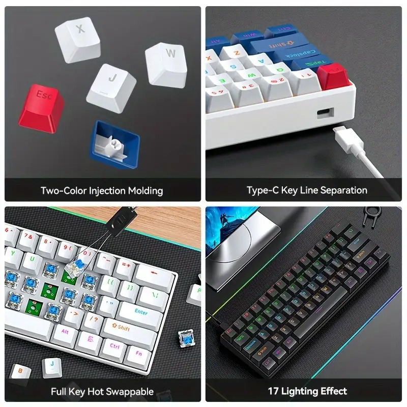 [USB-C Wired Mechanical Keyboard] 61-Key Mechanical Keyboard, Dual-Tone Injection Keycaps, -Swappable, USB-C Wired