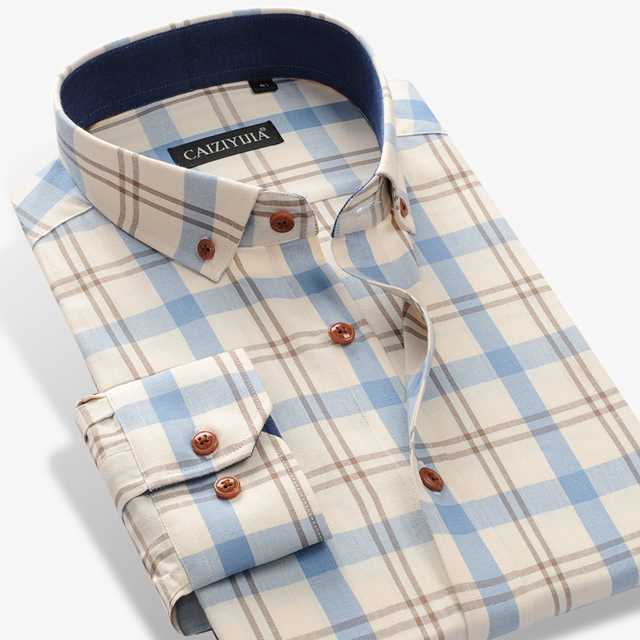 Men&#39;s 100% Cotton Long Sleeve Contrast Plaid Checkered Shirt Pocket-less Casual Standard-fit Button Down Gingham Shirts: T0727 / 41