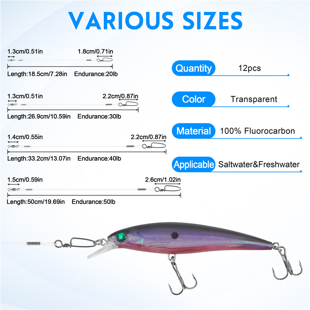 12 Uds. Líderes de alambre de pesca línea de fluorocarbono aparejo de pesca de carpa anzuelos de cebo Artificial conector líder de línea de pesca 20/30/40/50lb