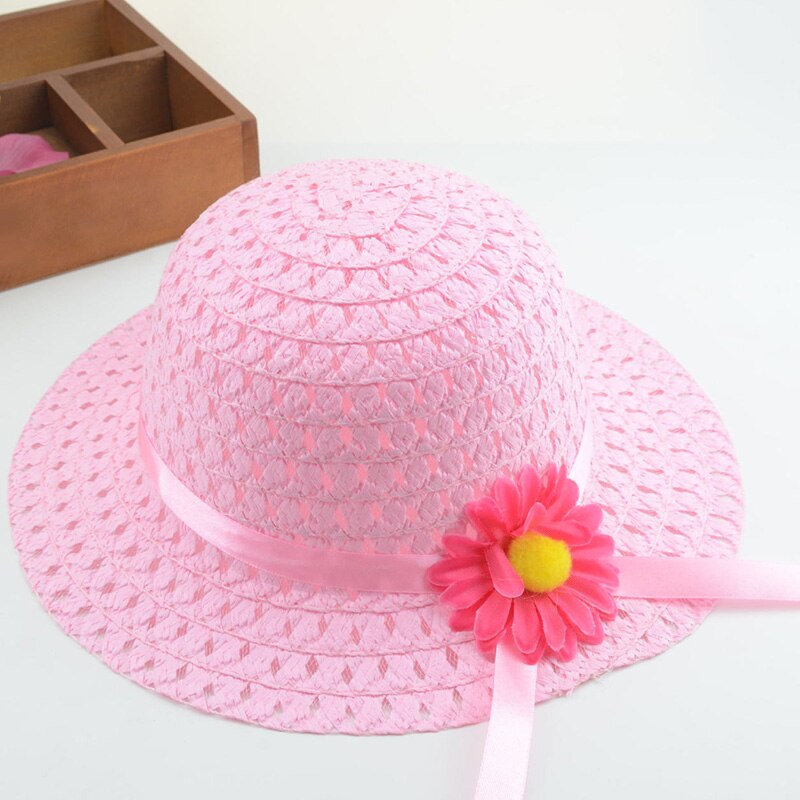 Straw Hat Summer Children Sun Flower Solid Color Lace Sun Hat Kids Sweet Bonnets Girl Beach Travel Hat Cap With Woven Basket