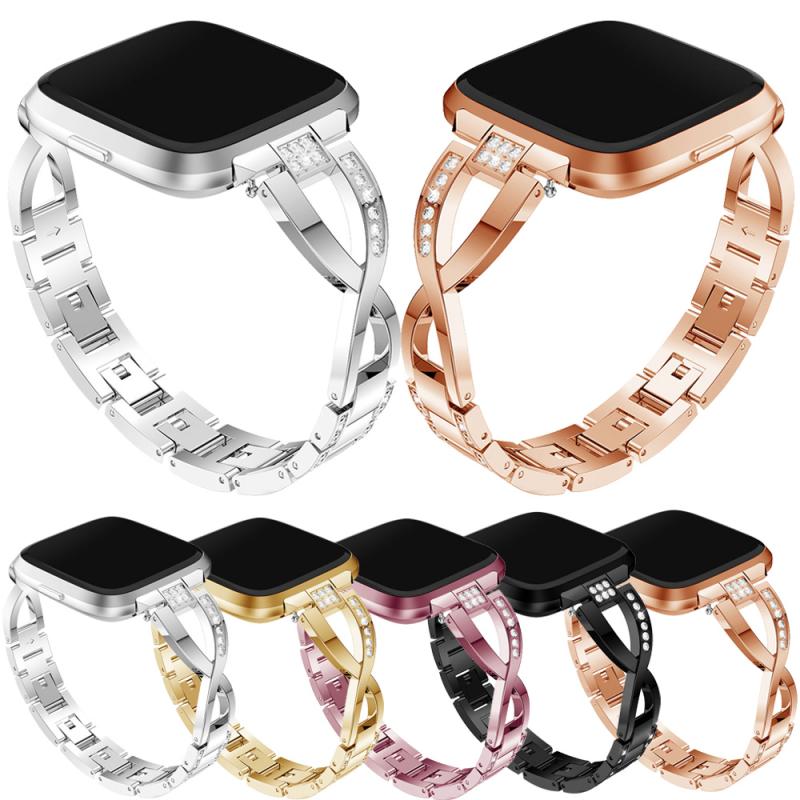 Roestvrij Stalen Horloge Band Voor Fitbit Versa Lite X-Vormige Diamanten Bezaaid Stalen Armband Polsband Rvs horloge Band