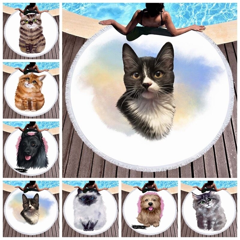 Anime Pet Cat Print Ronde Microfiber Strandlaken Met Kwasten Bohemen Bikini Cover Up Picknick Mat Tapijt Camping Deken