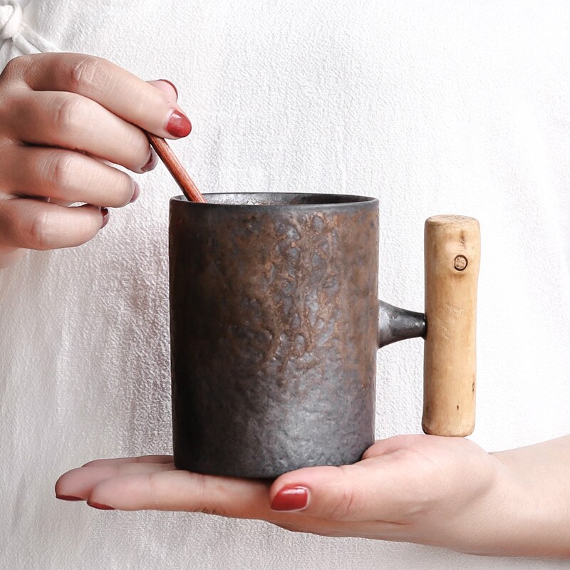 Taza de cerámica vintage de estilo japonés, vaso de café con esmalte de óxido para té, leche y cerveza con acabado de madera, recipiente de agua con asa, artículos para beber en el hogar y la oficina