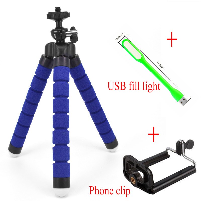 Mini trípode Flexible cabeza de esponja trípodes de pulpo Lámpara USB para teléfono trípode Universal Flexible soporte de coche accesorio de cámara: Blue with Clips