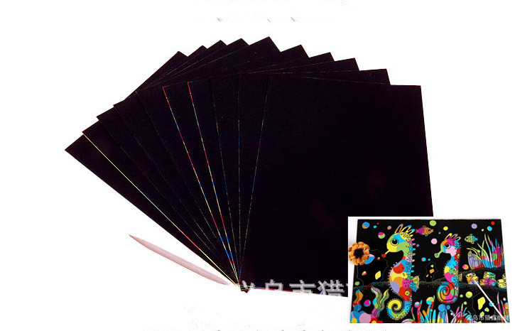 10 Sheets Tekening papier creatieve Kleurrijke Graveren Papier Met Pen Stencil Rainbow Scratch Art Ambachtelijke kerstcadeau