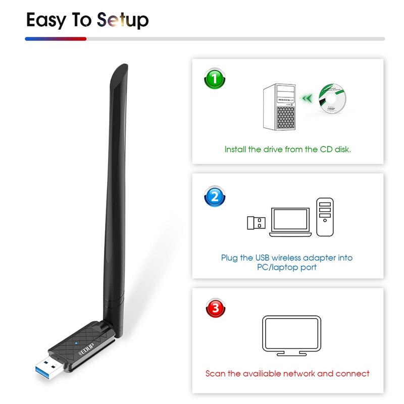 Edup EP-1687 Wifi Adapter Usb 3.0 Ac 1300Mbps Dual-Band 2.4G/5Ghz Wireless Network Adapter voor Notebook Computers, desktop