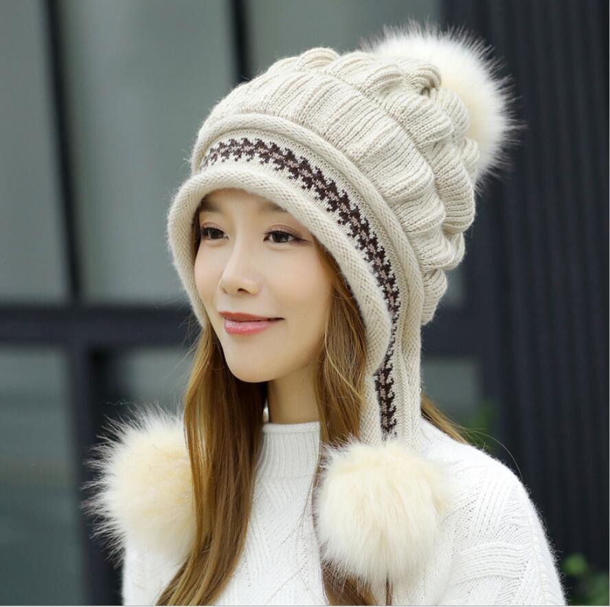 señoras gorro lana gorro Sanmao Bola de espalda al aire de punto sombrero de terciopelo grueso gorro tejido para abrigo niña Otoño e Invierno oreja protección