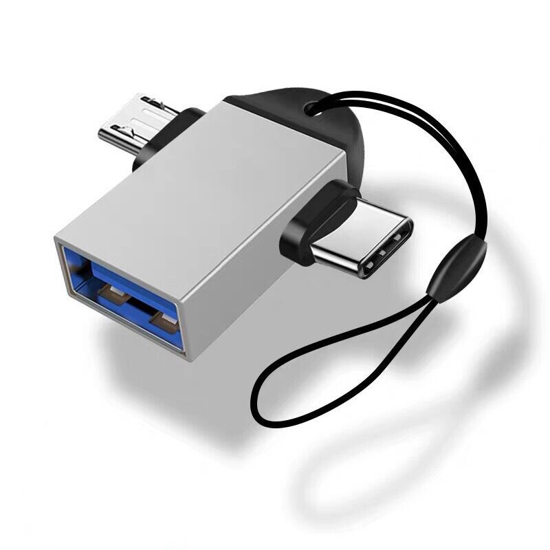 Android Type-C 2 In 1 OTG Micro USB Host Power T Splitter USB 3.1 Adapter: Silver lanyard