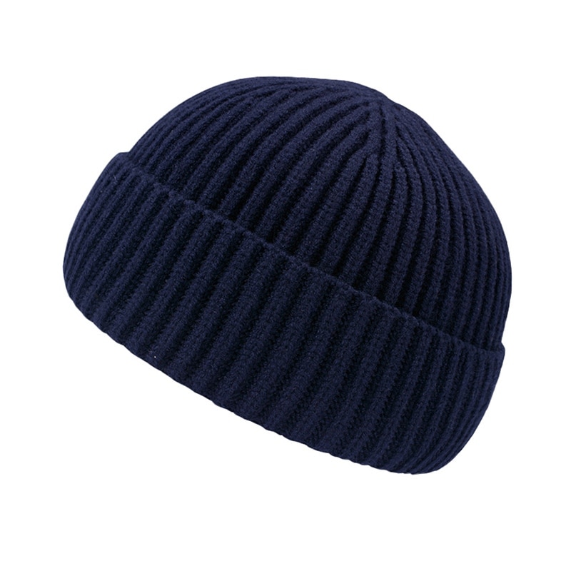 Unisex skullies mössa vinter mössor varma enfärgade stickade mössor casual manlig kort melon mössa utomhus herr mössa motorhuv: Marinblå