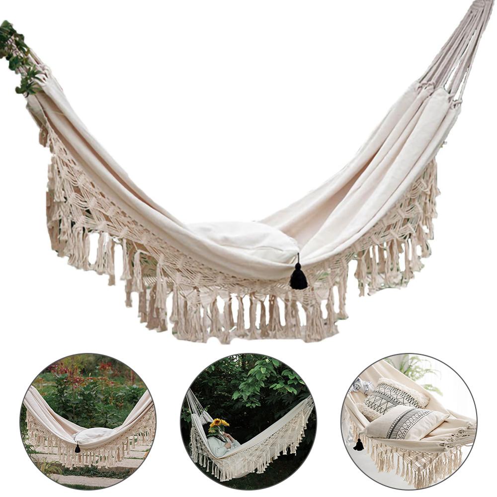 Stor 2 person hängmatta boho stil brasiliansk makrame fransad deluxe dubbel hängmatta nät gungstol inomhus hängande gunga