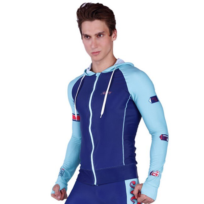 SABOLAY Mannen elasticiteit Rash Guard Pak UV Bescherming Lange Mouwen hooded Windsurf Surfen Tops Korte broek Swimwear: tops / 5XL