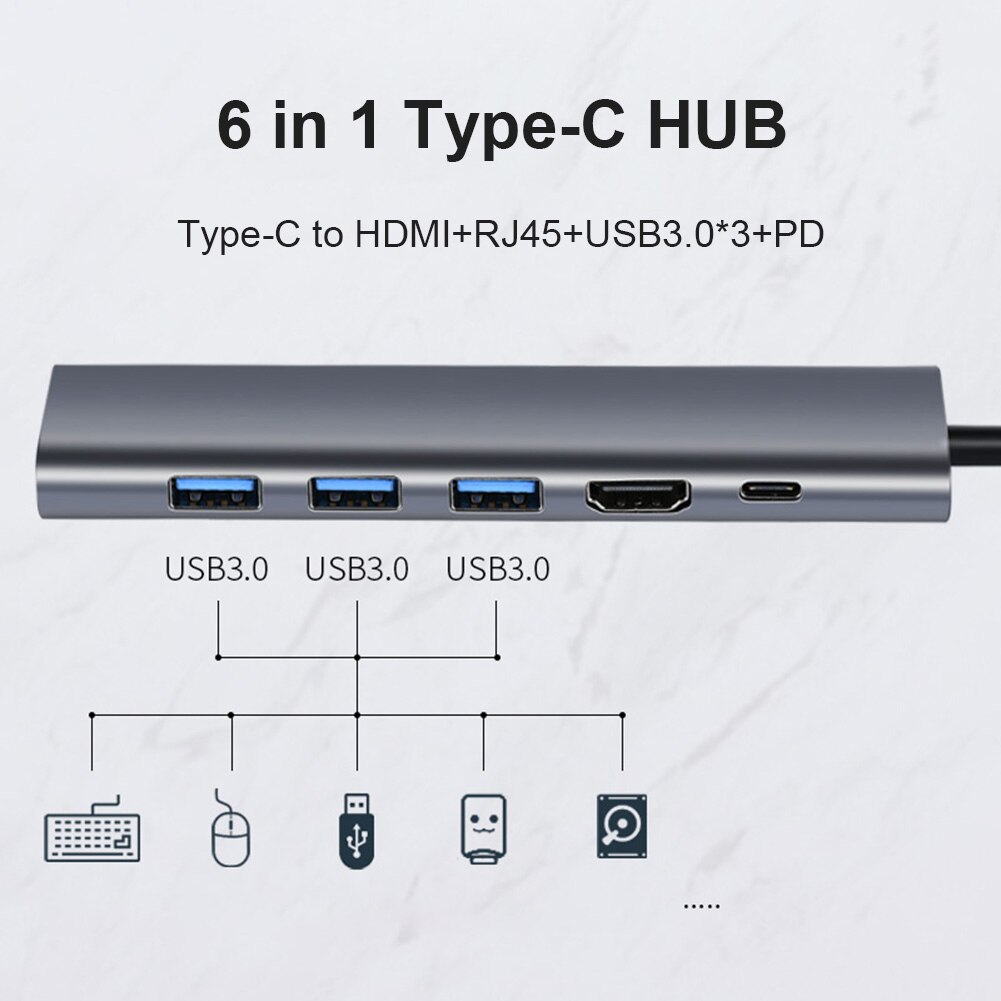 Convertidor de expansión de teléfono inteligente para Notebook, estación de acoplamiento 6 en 1, USB tipo C a 4K, HDMI, compatible con RJ45, 100M, LAN, Ethernet Hub