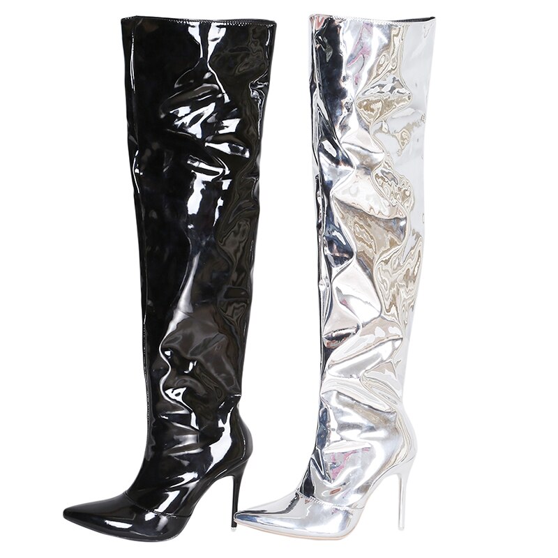 Botas altas hasta el muslo con espejo plateado para mujer, zapatos de con punta puntiaguda, tacones altos finos por encima de la rodilla, sexys