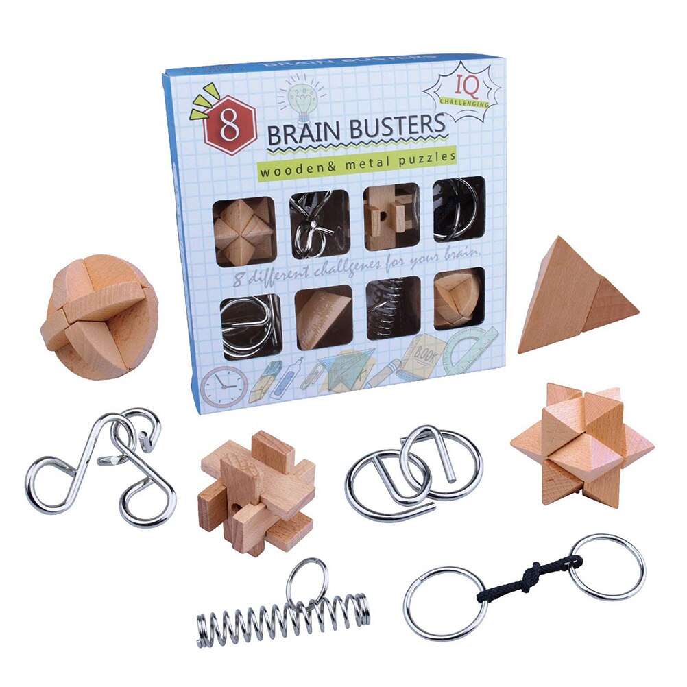 8 Stks/set Metalen Draad Puzzel En Houten Brain Teaser Puzzel Voor Kinderen En Volwassenen Vergadering En Ontvlechting 3D Puzzels Speelgoed #30: Default Title