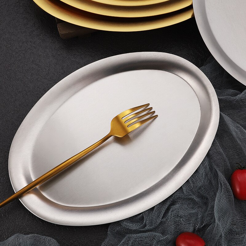 304 Stainless Steel Oval Golden Grill Plates Shallow Flat Bowls Fish Dish Food Dessert Tray