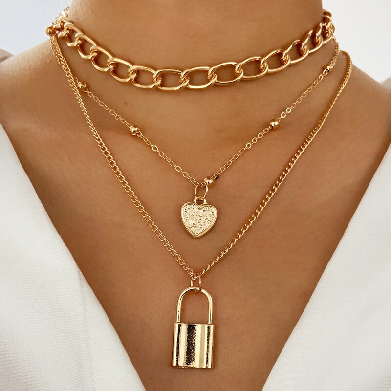 Trendy Key Lock Pendant Necklace For Women Men Punk Big Chunky Chain Multilayed Lock Pendant Necklaces Jewelry Party: CS51952