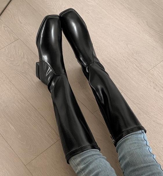 Ridstövlar knähöga stövlar damskor fyrkantig tå dragkedja långa stövlar dam höst vinter brun botas mujer: Svart / 36