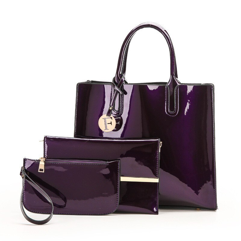 Herald brillant solide en cuir verni femmes sacs dames Simple luxe 3 ensembles sacs à main décontracté femme sacs à bandoulière: Purple3