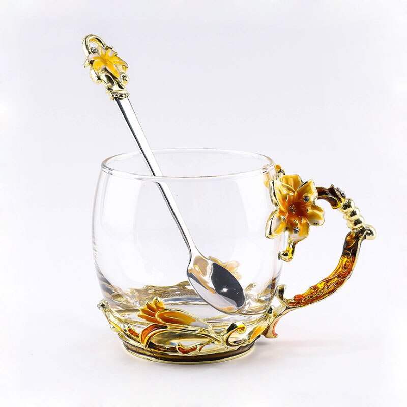 Tazas de café de vidrio esmaltado con corona, tazas de té y tazas resistentes al calor, vasos de agua para el hogar y la Oficina, artículos para beber, para los amantes: Rojo