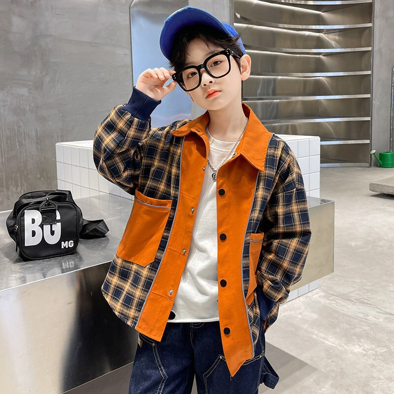 Camisa de manga larga para niños, ropa informal naranja para adolescentes, camisas a cuadros para escuela, Primavera, nueva , blusa para niños, prendas de vestir exteriores: 120cm