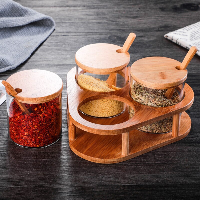 Juego de frascos de vidrio para condimentos con cuchara de bambú y cubierta de bambú, recipientes para condimentos y especias con etiqueta de especias