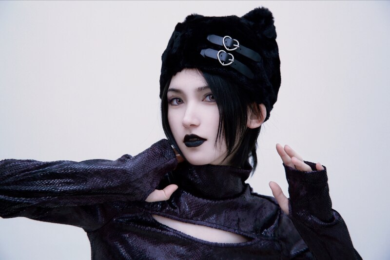Harajuku Punk Gothic Cat Ear Women Hat Black Berets Autumn Winter Warm Heart Buckle Hat Kawaii Girls Streetwear Y2K Accessories