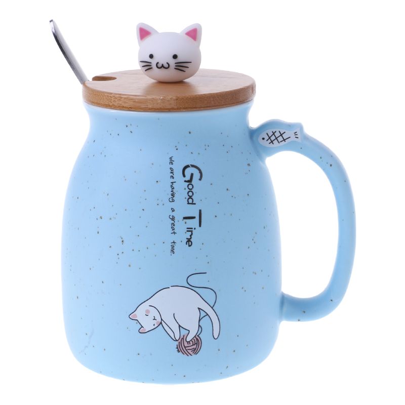 420ml Cat Ceramic Mug Heat-resistant Cup With Spoon Lid Drinkware Children Cartoon with Lid Milk Cup: Sky Blue